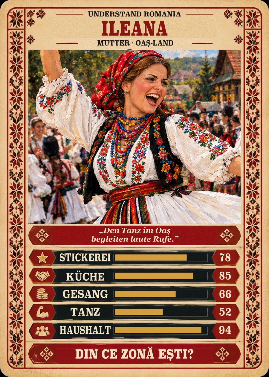 ILEANA — Mutter · Oaș-Land. Den Tanz im Oaș begleiten laute Rufe. (Stickerei 78, Küche 85, Gesang 66, Tanz 52, Haushalt 94)