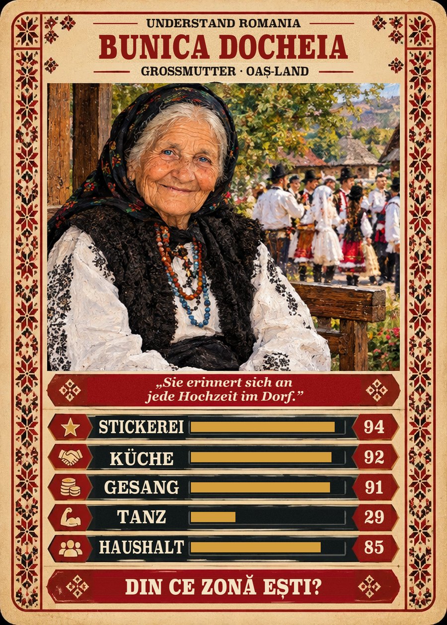 BUNICA DOCHEIA — Großmutter · Oaș-Land. Sie erinnert sich an jede Hochzeit im Dorf. (Stickerei 94, Küche 92, Gesang 91, Tanz 29, Haushalt 85)