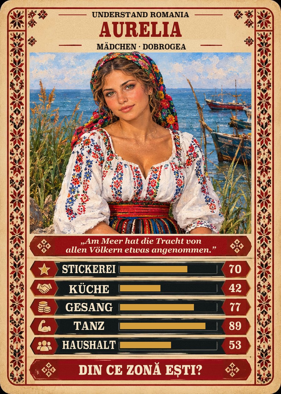 AURELIA — Mädchen · Dobrogea. Am Meer hat die Tracht von allen Völkern etwas angenommen. (Stickerei 70, Küche 42, Gesang 77, Tanz 89, Haushalt 53)