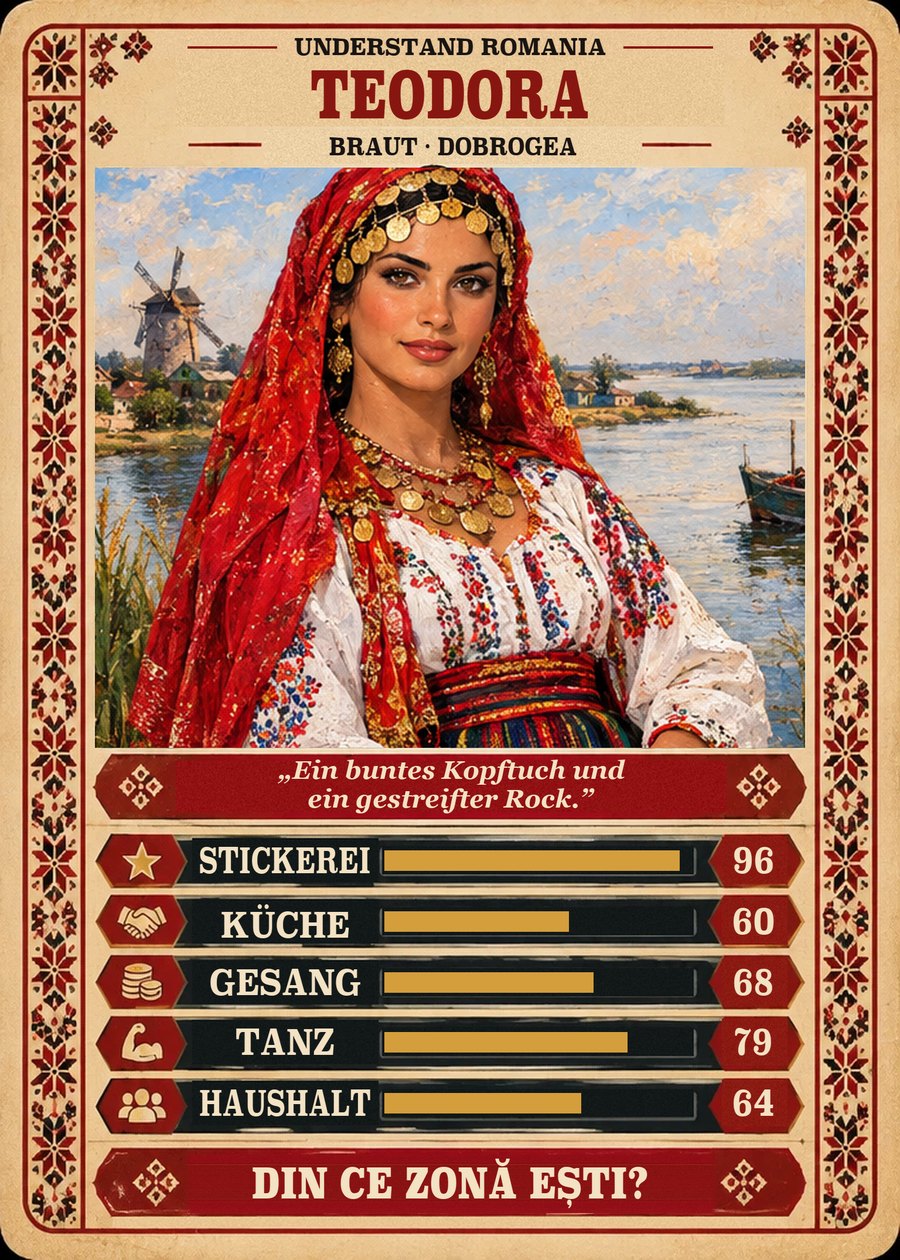 TEODORA — Braut · Dobrogea. Ein buntes Kopftuch und ein gestreifter Rock. (Stickerei 96, Küche 60, Gesang 68, Tanz 79, Haushalt 64)