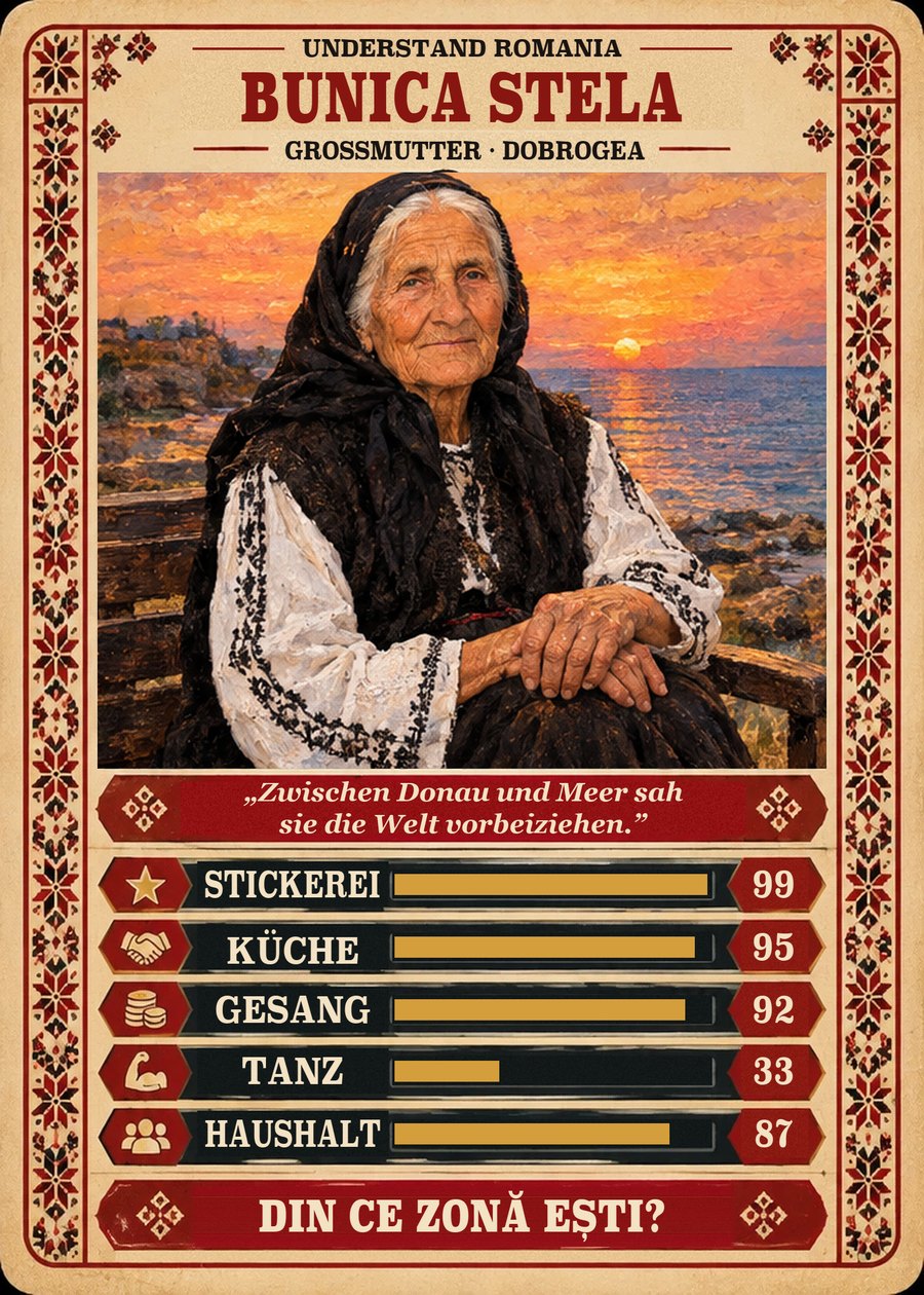BUNICA STELA — Großmutter · Dobrogea. Zwischen Donau und Meer sah sie die Welt vorbeiziehen. (Stickerei 99, Küche 95, Gesang 92, Tanz 33, Haushalt 87)