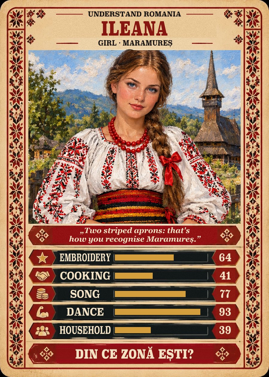 ILEANA — Girl · Maramureș. Two striped aprons: that's how you recognise Maramureș. (Embroidery 64, Cooking 41, Song 77, Dance 93, Household 39)