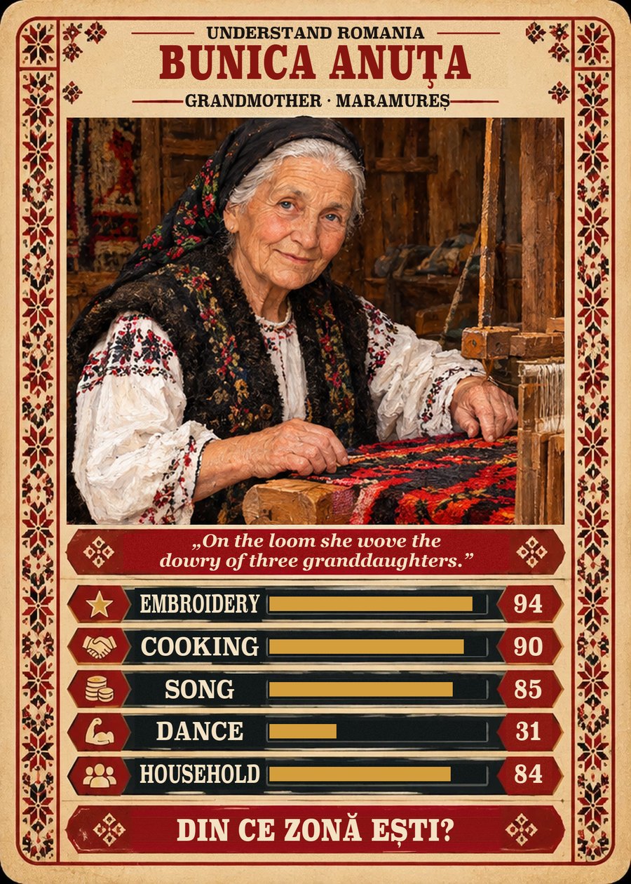 BUNICA ANUȚA — Grandmother · Maramureș. On the loom she wove the dowry of three granddaughters. (Embroidery 94, Cooking 90, Song 85, Dance 31, Household 84)