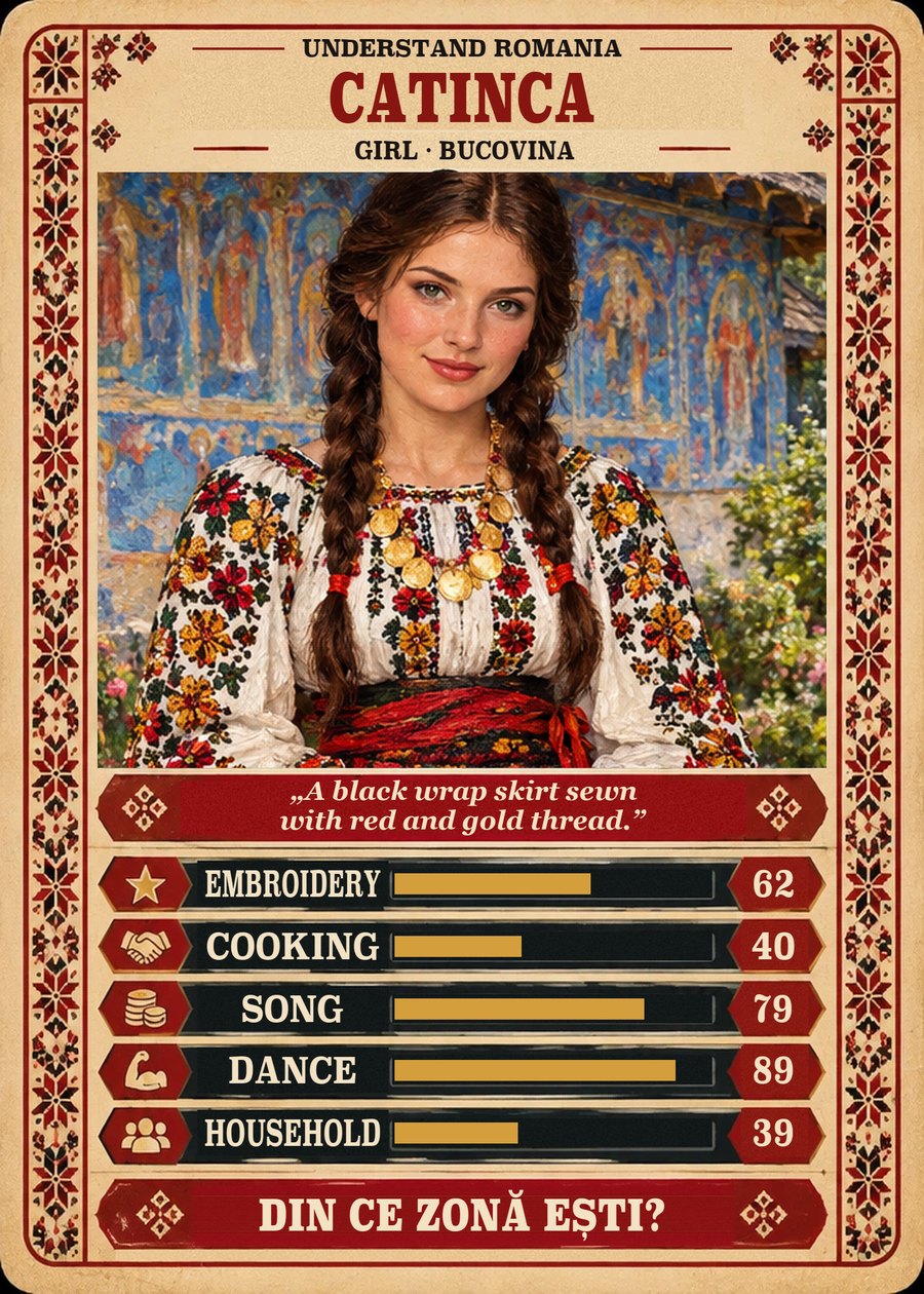 CATINCA — Girl · Bucovina. A black wrap skirt sewn with red and gold thread. (Embroidery 62, Cooking 40, Song 79, Dance 89, Household 39)
