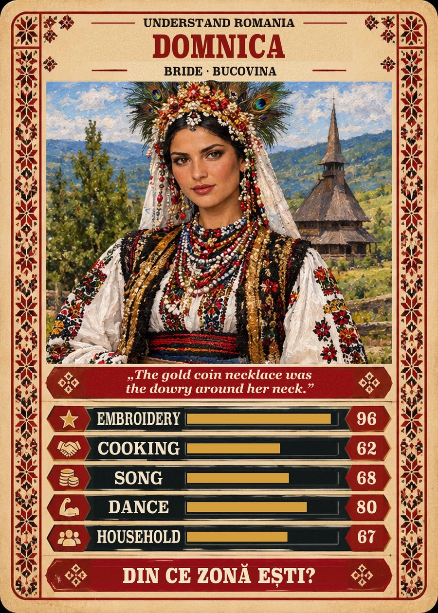DOMNICA — Bride · Bucovina. The gold coin necklace was the dowry around her neck. (Embroidery 96, Cooking 62, Song 68, Dance 80, Household 67)