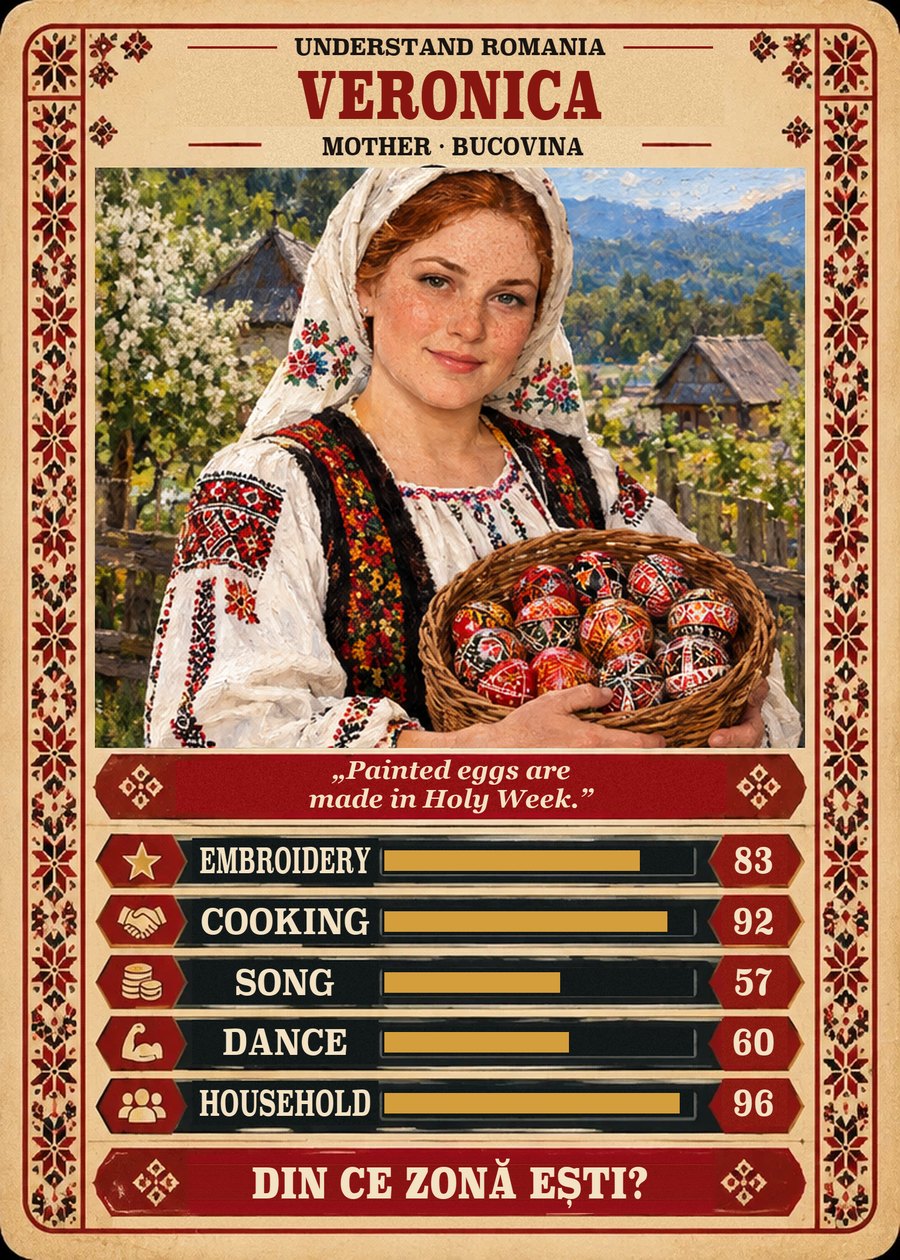 VERONICA — Mother · Bucovina. Painted eggs are made in Holy Week. (Embroidery 83, Cooking 92, Song 57, Dance 60, Household 96)