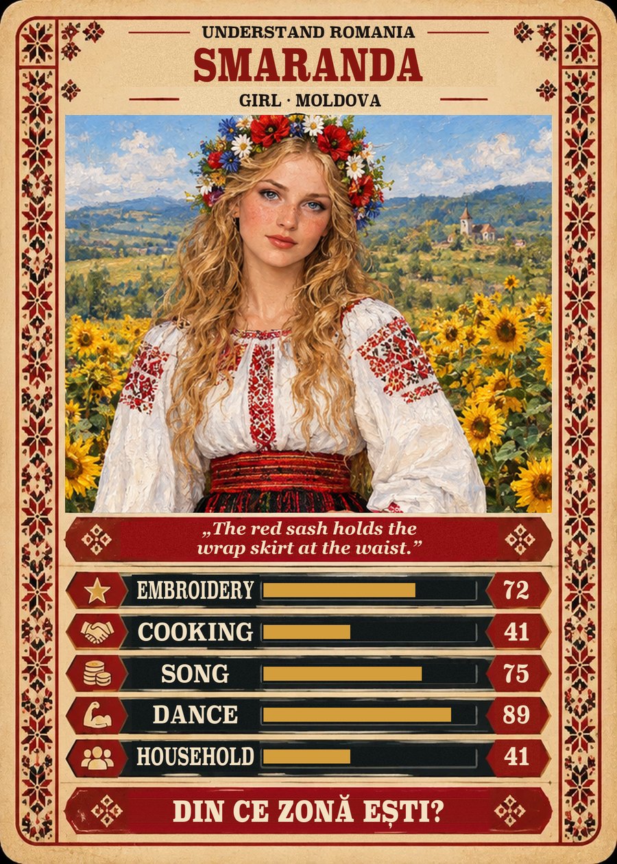 SMARANDA — Girl · Moldova. The red sash holds the wrap skirt at the waist. (Embroidery 72, Cooking 41, Song 75, Dance 89, Household 41)