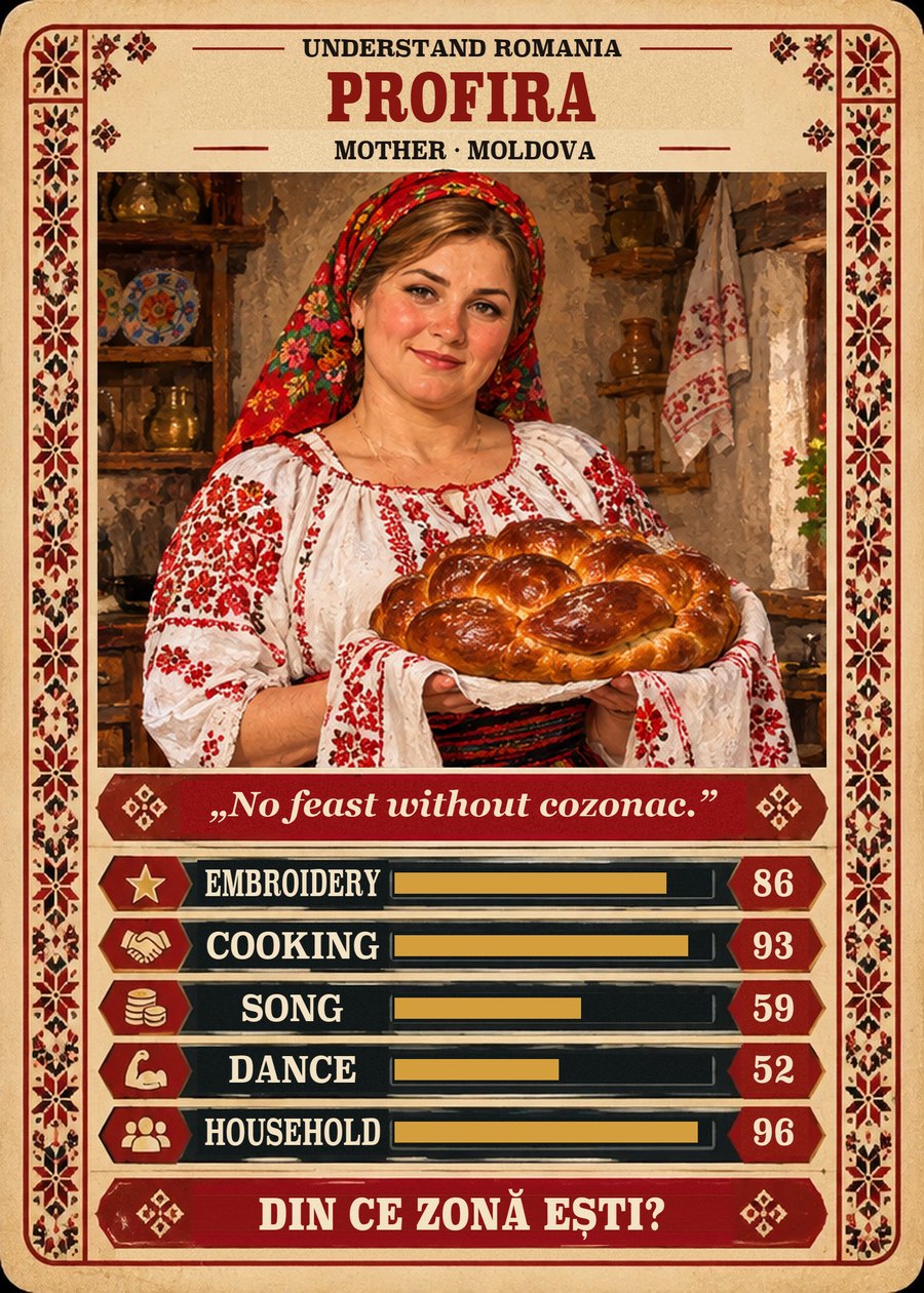 PROFIRA — Mother · Moldova. No feast without cozonac. (Embroidery 86, Cooking 93, Song 59, Dance 52, Household 96)