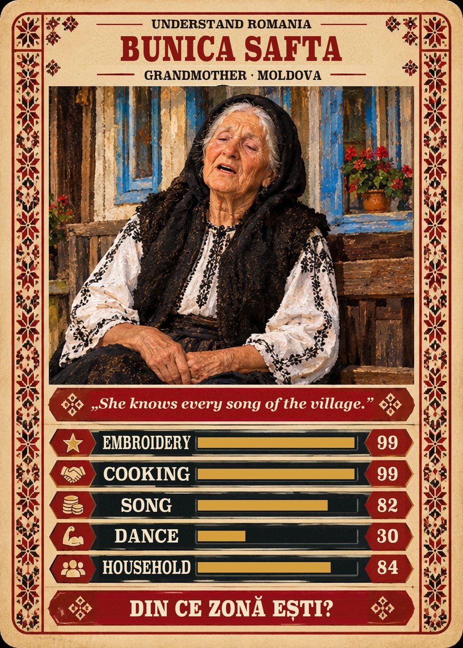 BUNICA SAFTA — Grandmother · Moldova. She knows every song of the village. (Embroidery 99, Cooking 99, Song 82, Dance 30, Household 84)