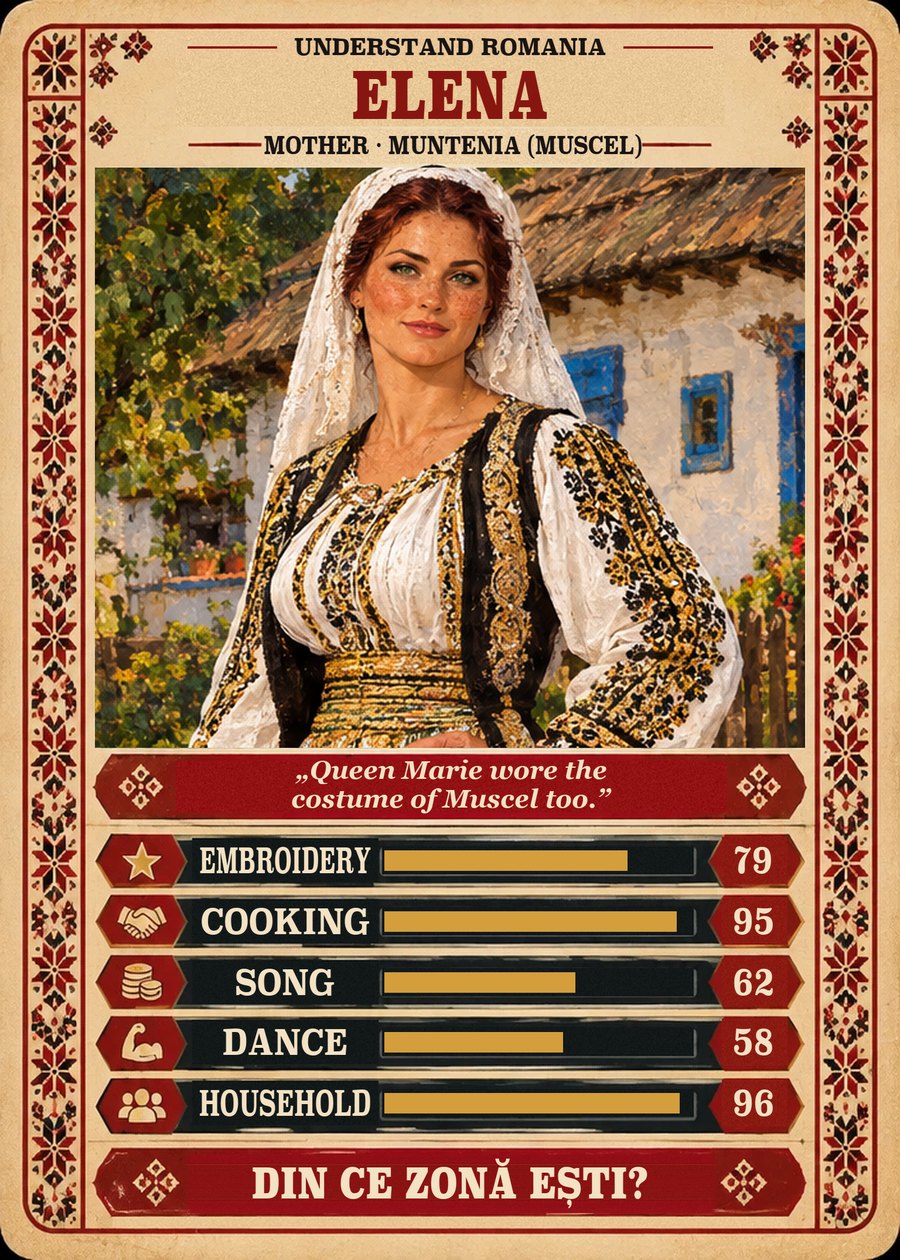 ELENA — Mother · Muntenia (Muscel). Queen Marie wore the costume of Muscel too. (Embroidery 79, Cooking 95, Song 62, Dance 58, Household 96)