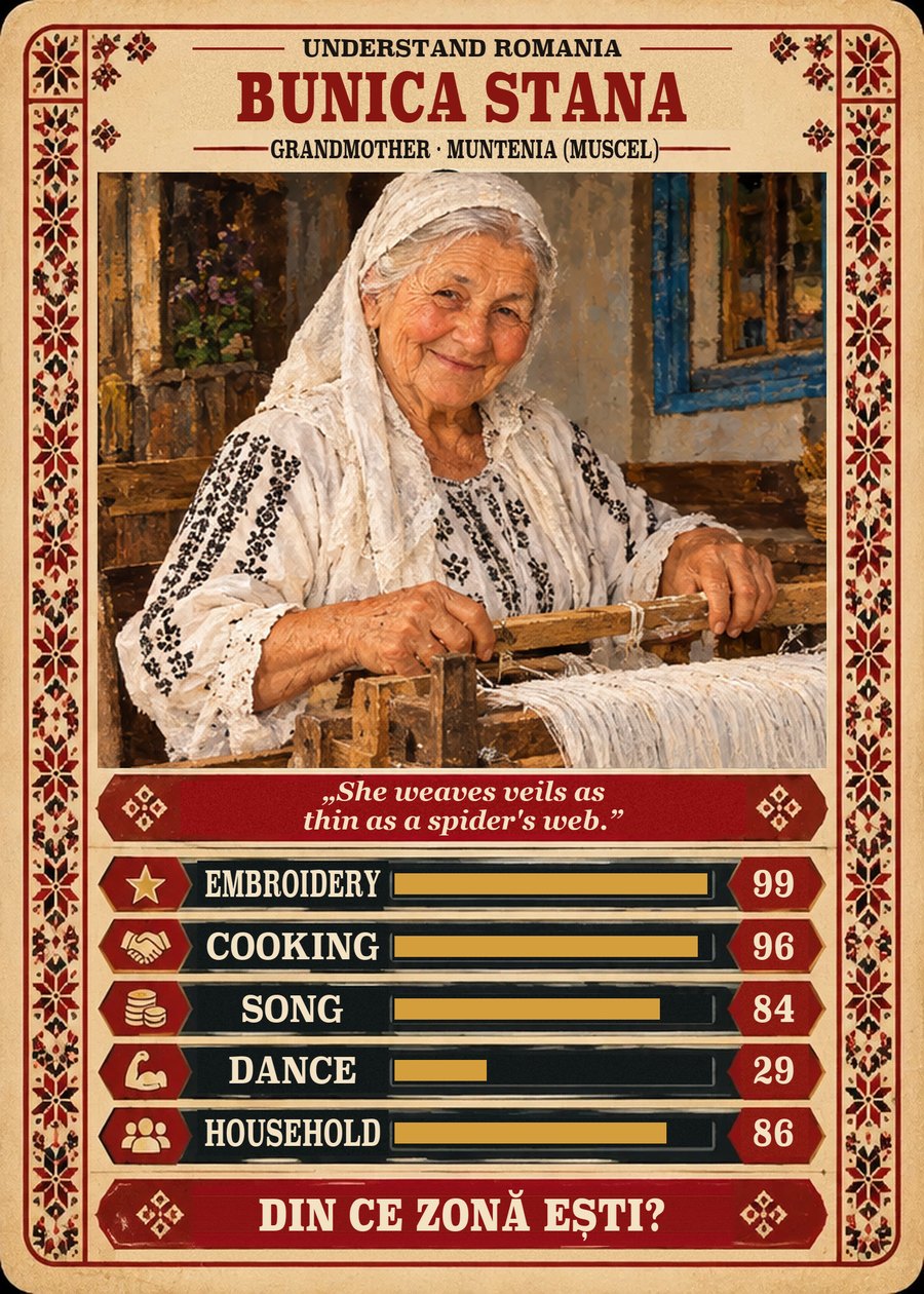 BUNICA STANA — Grandmother · Muntenia (Muscel). She weaves veils as thin as a spider's web. (Embroidery 99, Cooking 96, Song 84, Dance 29, Household 86)