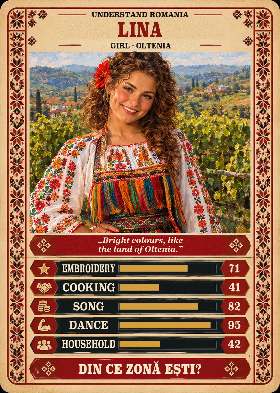 LINA — Girl · Oltenia. Bright colours, like the land of Oltenia. (Embroidery 71, Cooking 41, Song 82, Dance 95, Household 42)