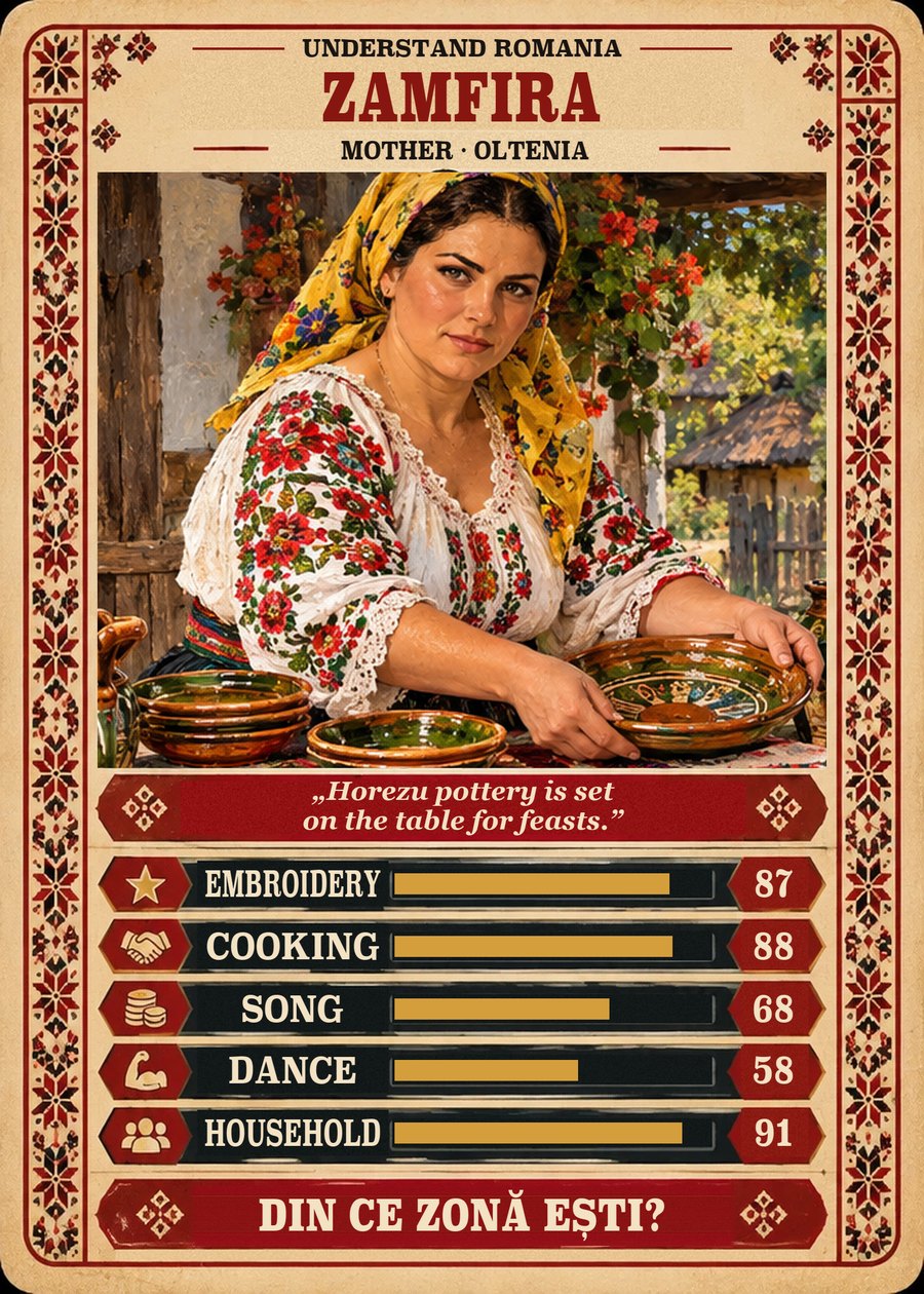 ZAMFIRA — Mother · Oltenia. Horezu pottery is set on the table for feasts. (Embroidery 87, Cooking 88, Song 68, Dance 58, Household 91)