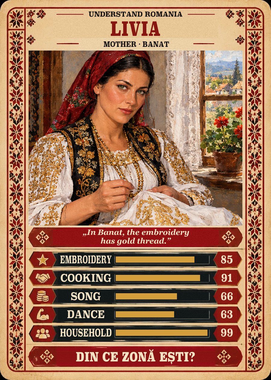 LIVIA — Mother · Banat. In Banat, the embroidery has gold thread. (Embroidery 85, Cooking 91, Song 66, Dance 63, Household 99)