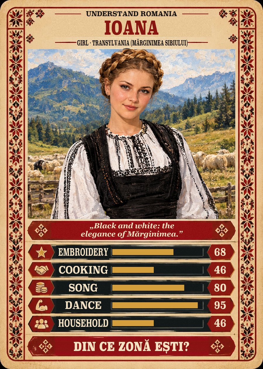 IOANA — Girl · Transylvania (Mărginimea Sibiului). Black and white: the elegance of Mărginimea. (Embroidery 68, Cooking 46, Song 80, Dance 95, Household 46)