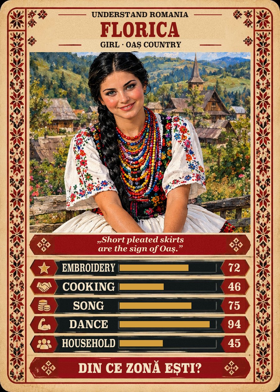 FLORICA — Girl · Oaș Country. Short pleated skirts are the sign of Oaș. (Embroidery 72, Cooking 46, Song 75, Dance 94, Household 45)