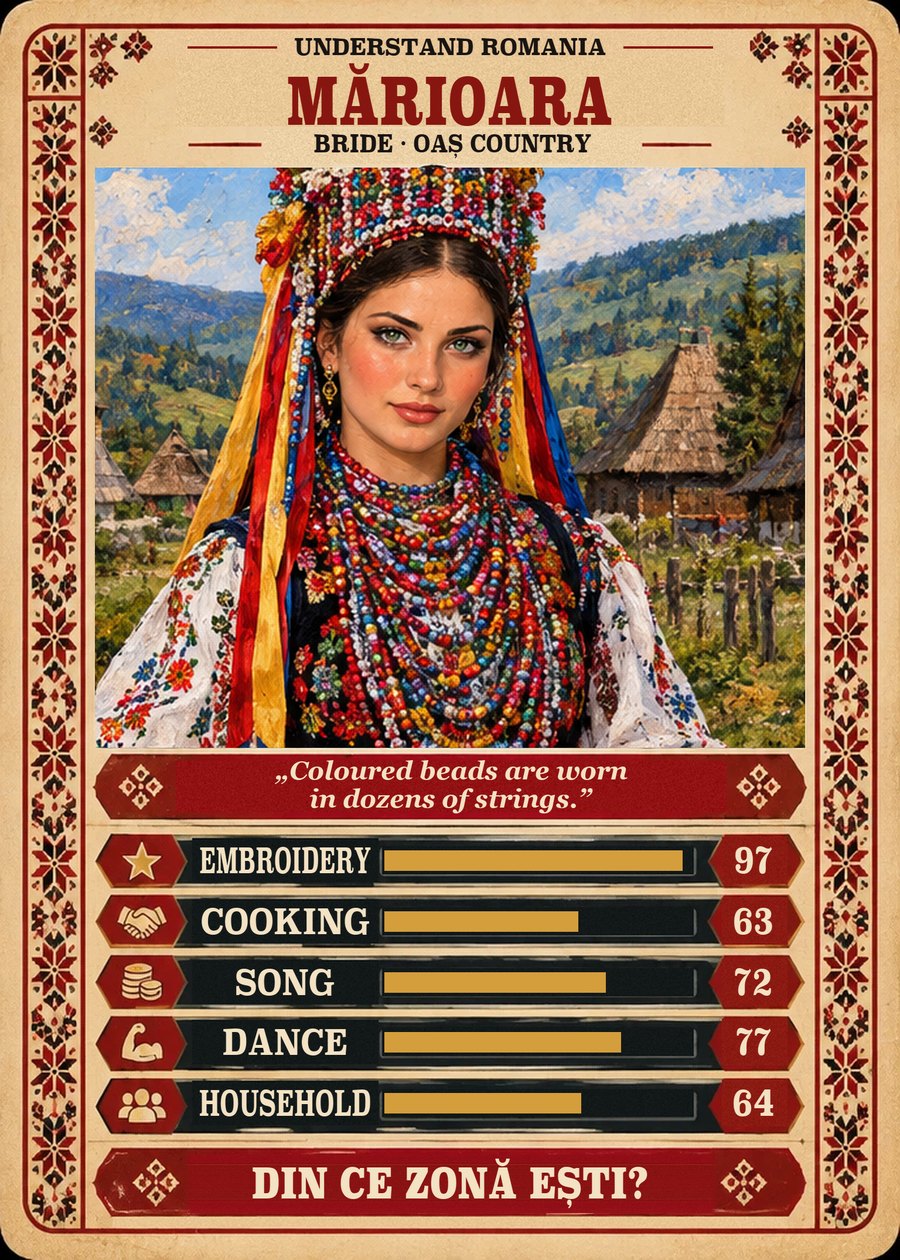 MĂRIOARA — Bride · Oaș Country. Coloured beads are worn in dozens of strings. (Embroidery 97, Cooking 63, Song 72, Dance 77, Household 64)