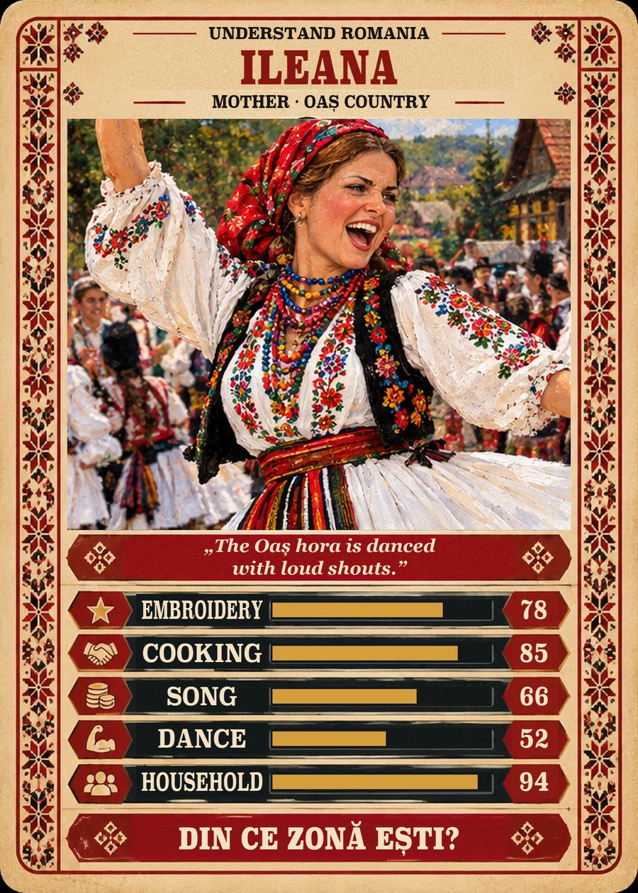 ILEANA — Mother · Oaș Country. The Oaș hora is danced with loud shouts. (Embroidery 78, Cooking 85, Song 66, Dance 52, Household 94)