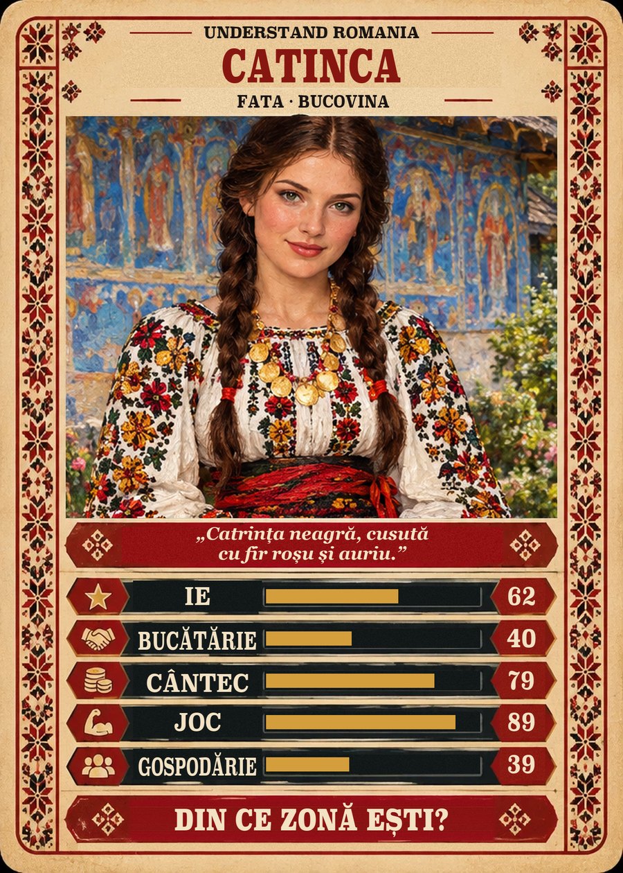 CATINCA — Fata · Bucovina. Catrința neagră, cusută cu fir roșu și auriu. (Ie 62, Bucătărie 40, Cântec 79, Joc 89, Gospodărie 39)