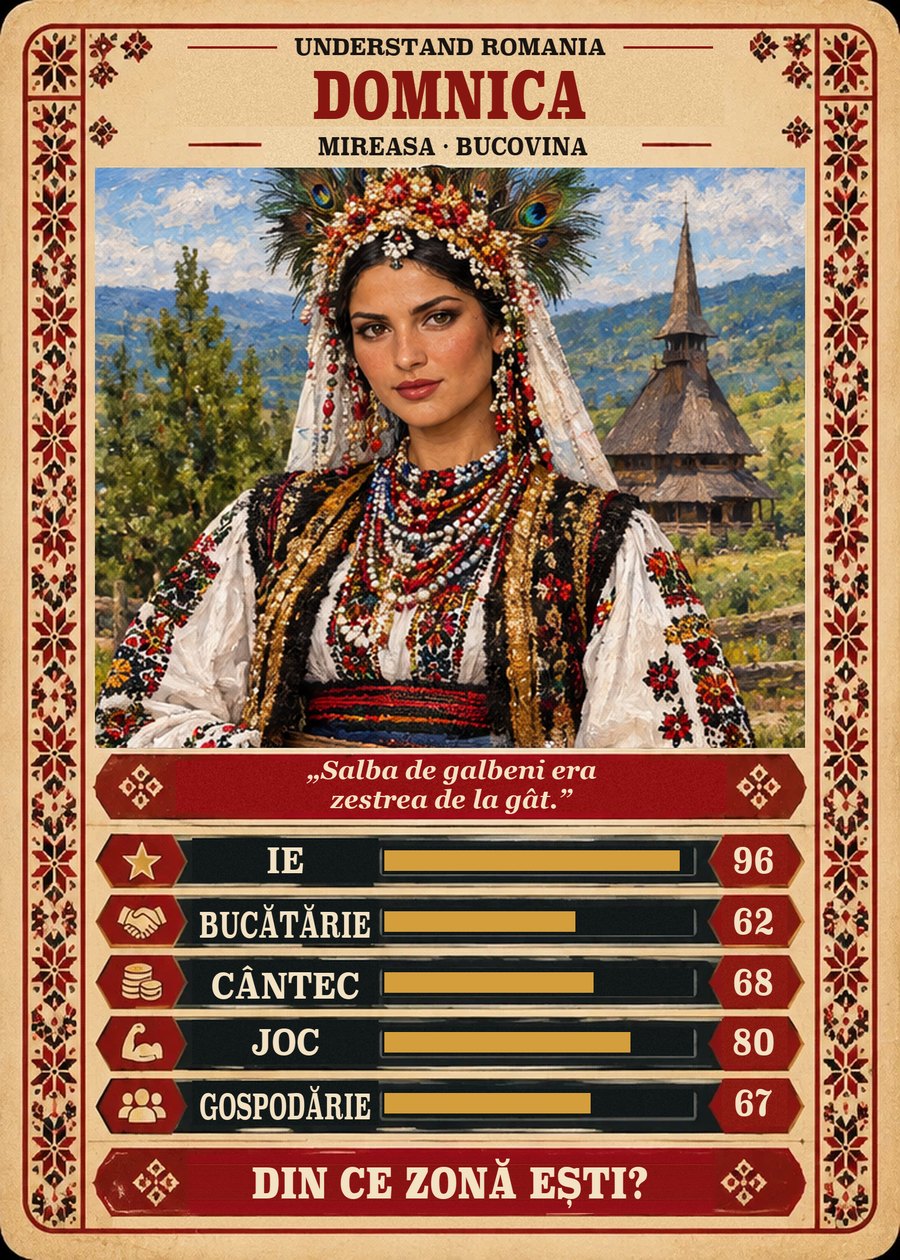 DOMNICA — Mireasa · Bucovina. Salba de galbeni era zestrea de la gât. (Ie 96, Bucătărie 62, Cântec 68, Joc 80, Gospodărie 67)