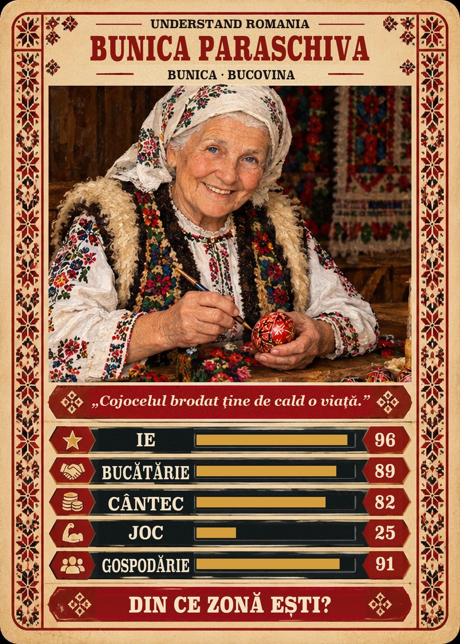 BUNICA PARASCHIVA — Bunica · Bucovina. Cojocelul brodat ține de cald o viață. (Ie 96, Bucătărie 89, Cântec 82, Joc 25, Gospodărie 91)
