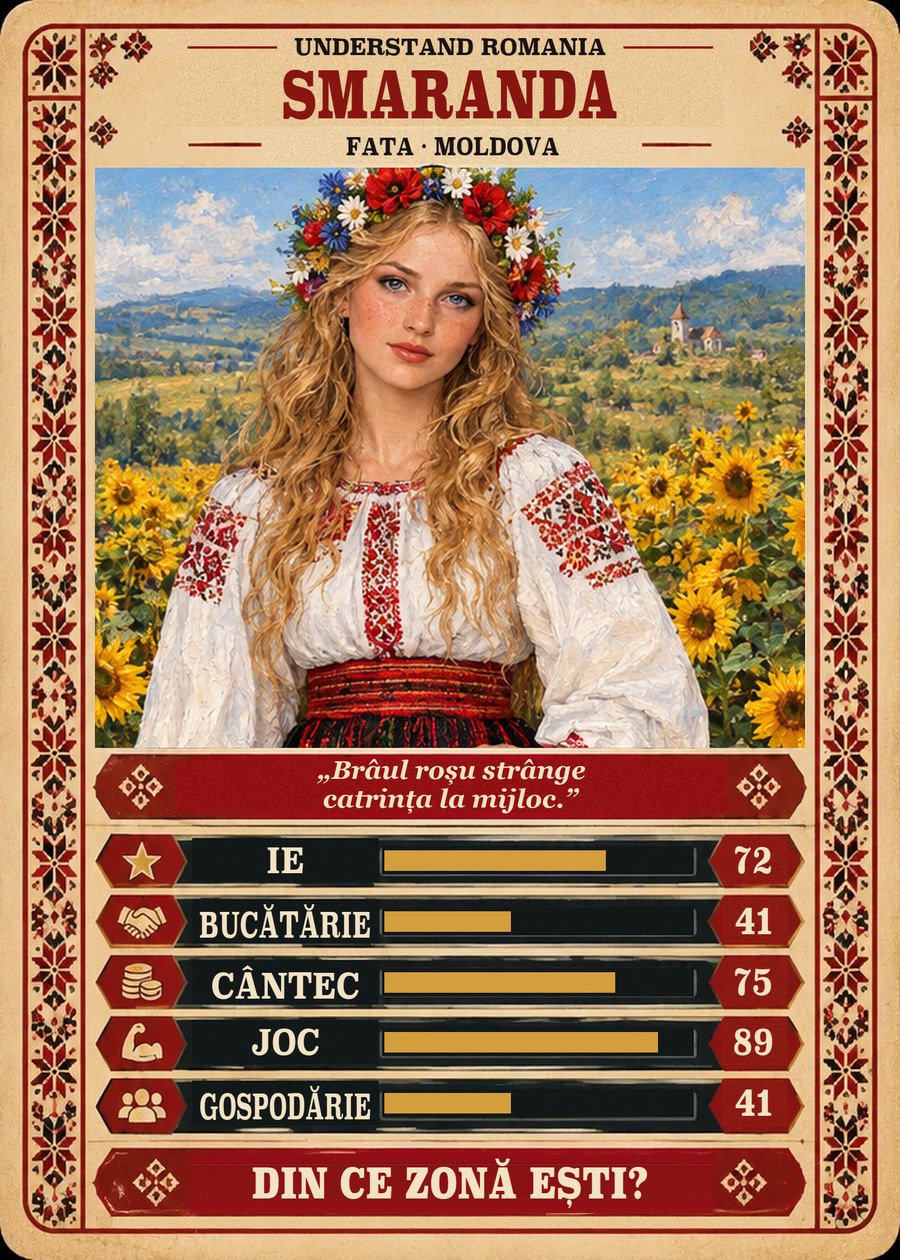 SMARANDA — Fata · Moldova. Brâul roșu strânge catrința la mijloc. (Ie 72, Bucătărie 41, Cântec 75, Joc 89, Gospodărie 41)