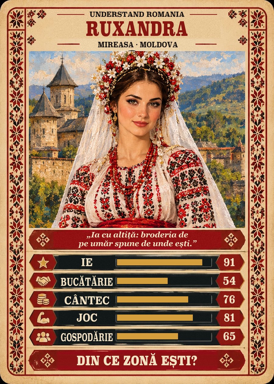 RUXANDRA — Mireasa · Moldova. Ia cu altiță: broderia de pe umăr spune de unde ești. (Ie 91, Bucătărie 54, Cântec 76, Joc 81, Gospodărie 65)