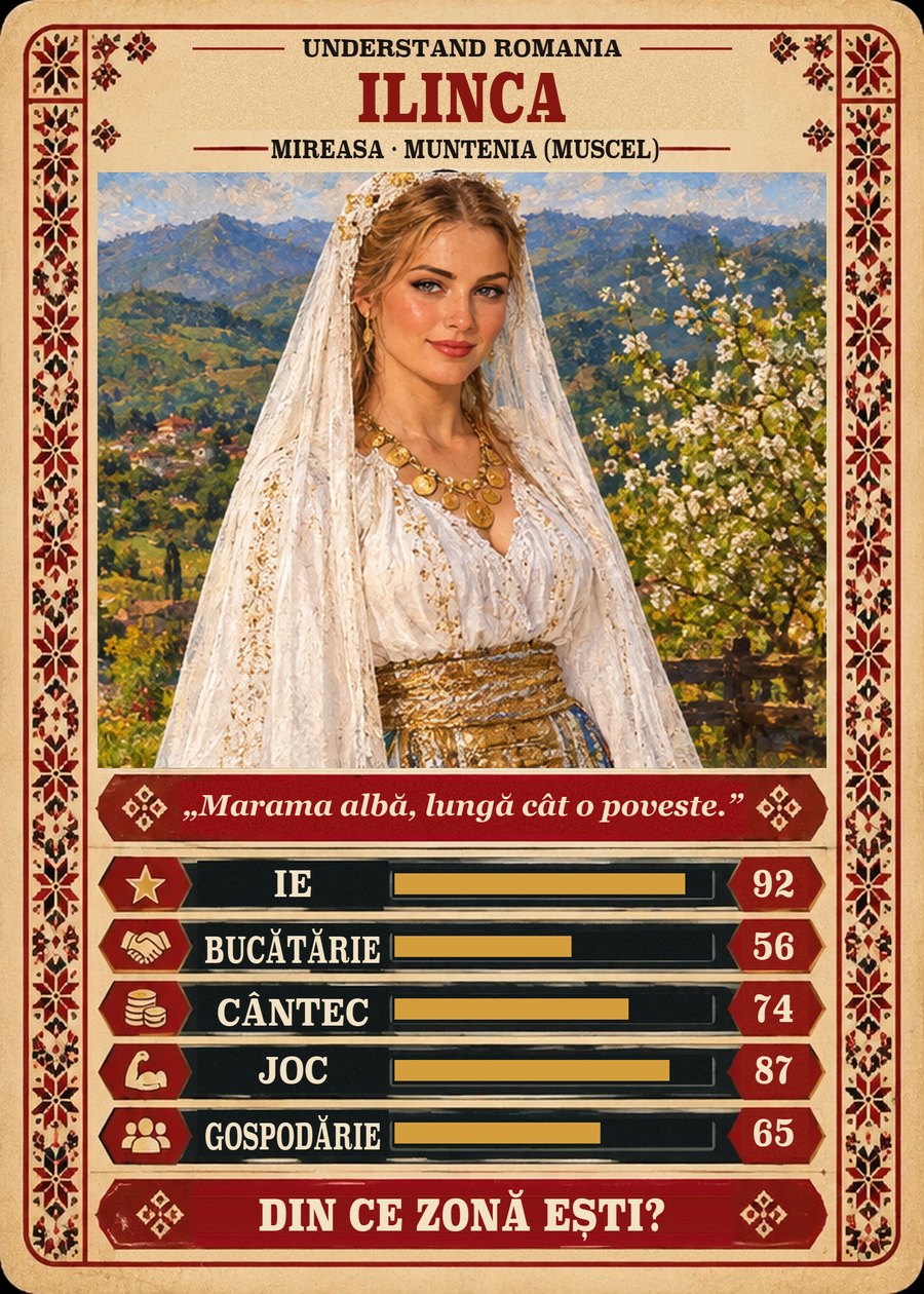 ILINCA — Mireasa · Muntenia (Muscel). Marama albă, lungă cât o poveste. (Ie 92, Bucătărie 56, Cântec 74, Joc 87, Gospodărie 65)