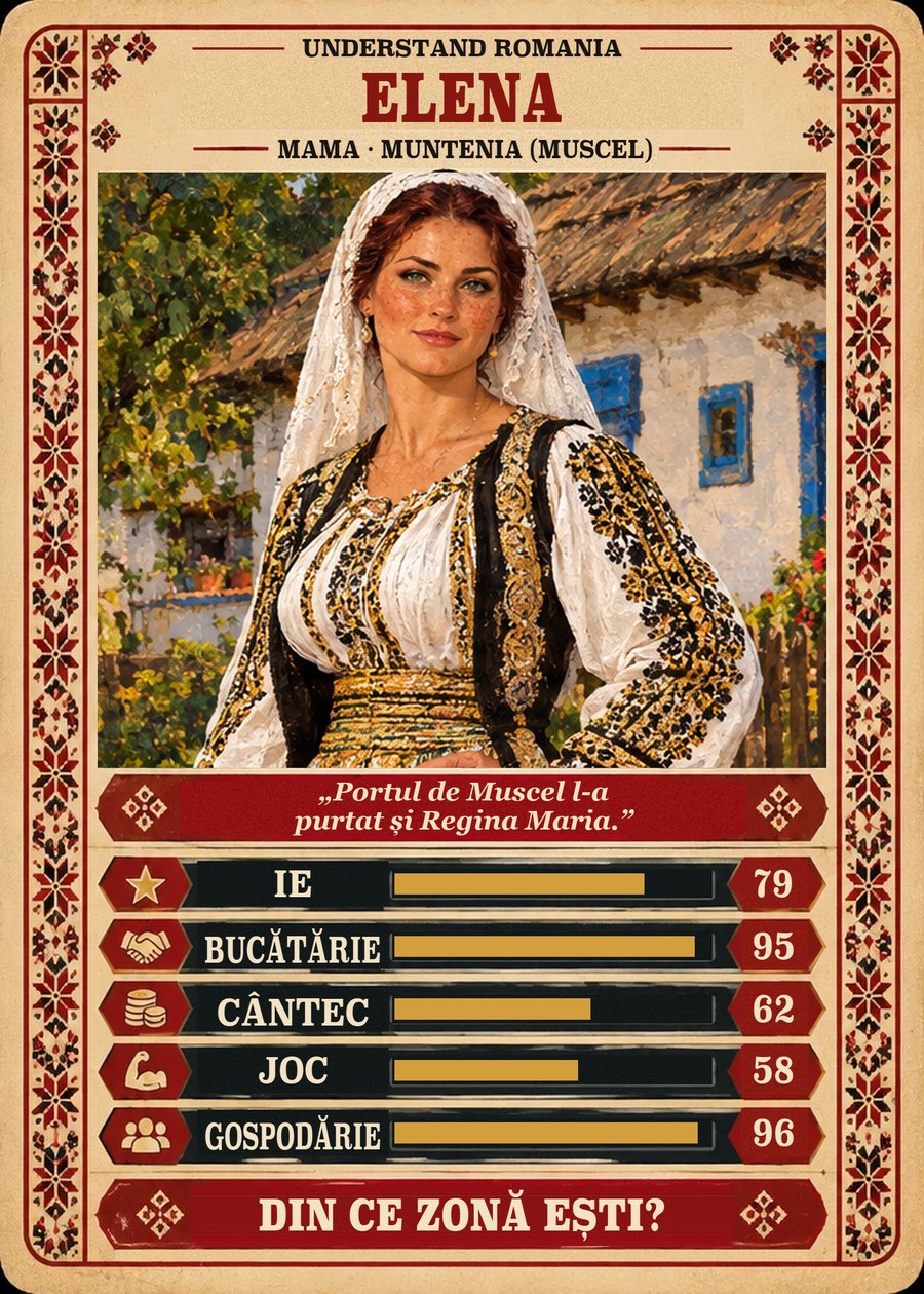 ELENA — Mama · Muntenia (Muscel). Portul de Muscel l-a purtat și Regina Maria. (Ie 79, Bucătărie 95, Cântec 62, Joc 58, Gospodărie 96)