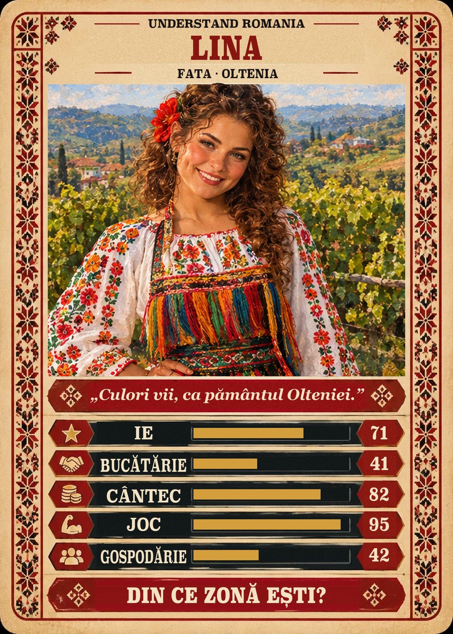 LINA — Fata · Oltenia. Culori vii, ca pământul Olteniei. (Ie 71, Bucătărie 41, Cântec 82, Joc 95, Gospodărie 42)
