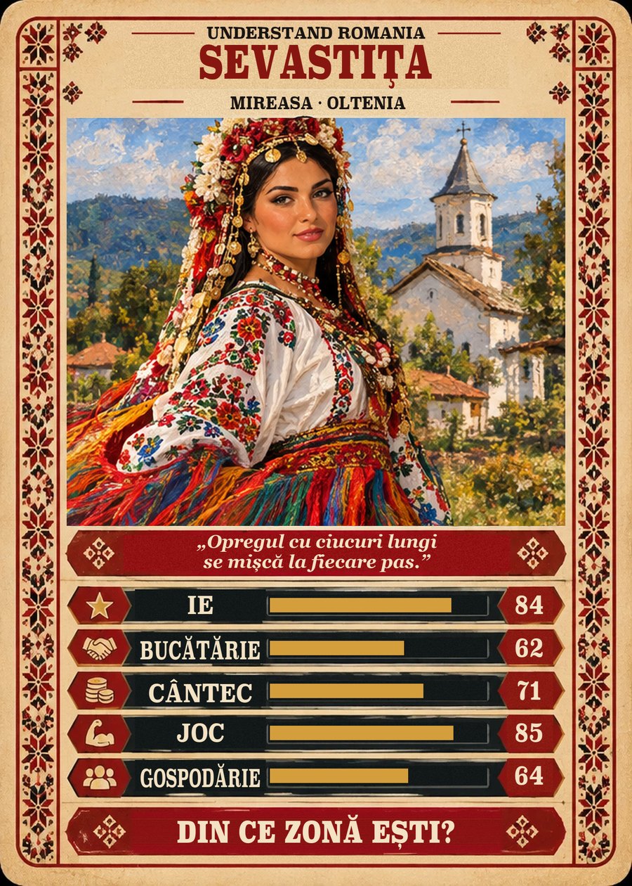 SEVASTIȚA — Mireasa · Oltenia. Opregul cu ciucuri lungi se mișcă la fiecare pas. (Ie 84, Bucătărie 62, Cântec 71, Joc 85, Gospodărie 64)