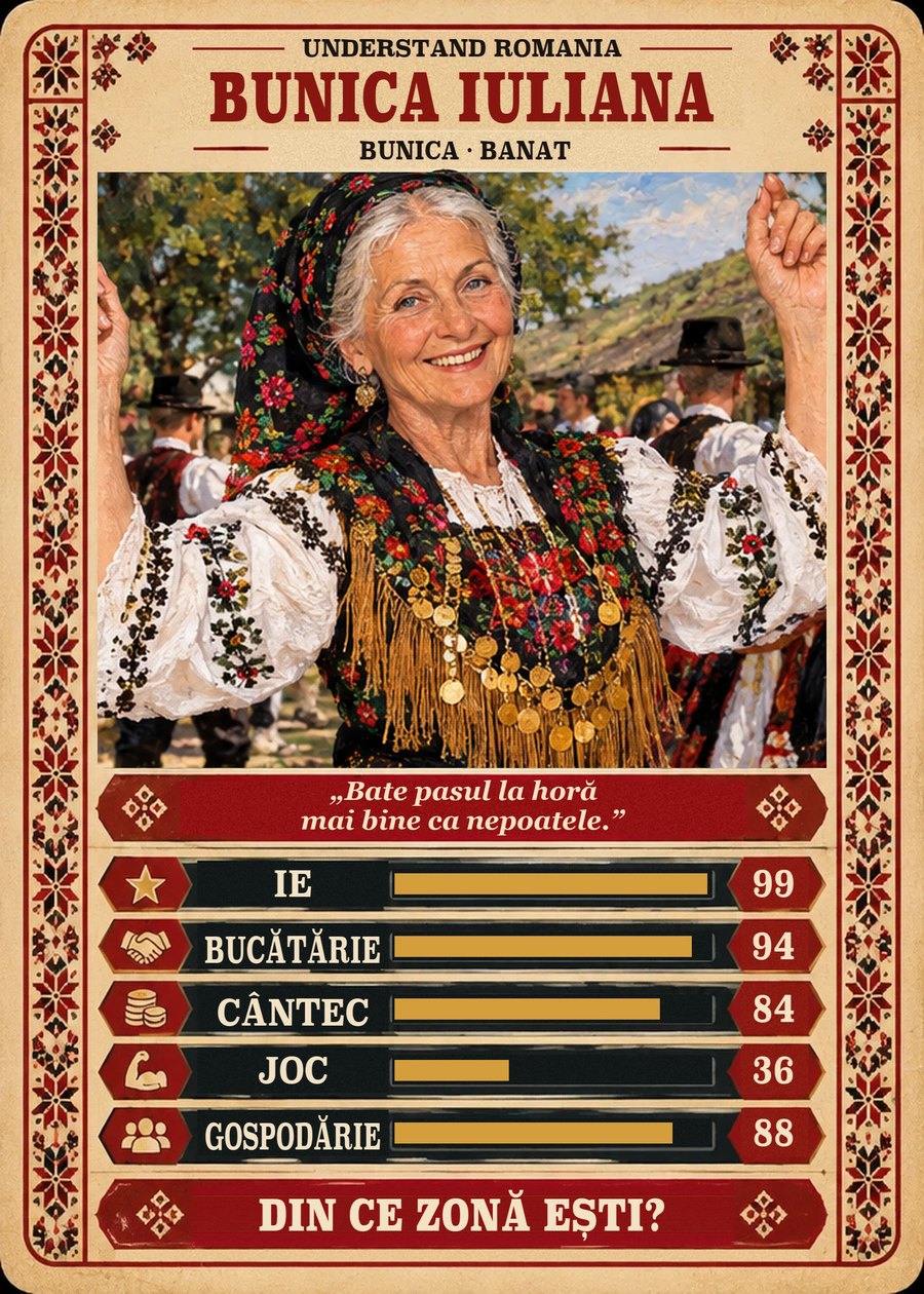 BUNICA IULIANA — Bunica · Banat. Bate pasul la horă mai bine ca nepoatele. (Ie 99, Bucătărie 94, Cântec 84, Joc 36, Gospodărie 88)