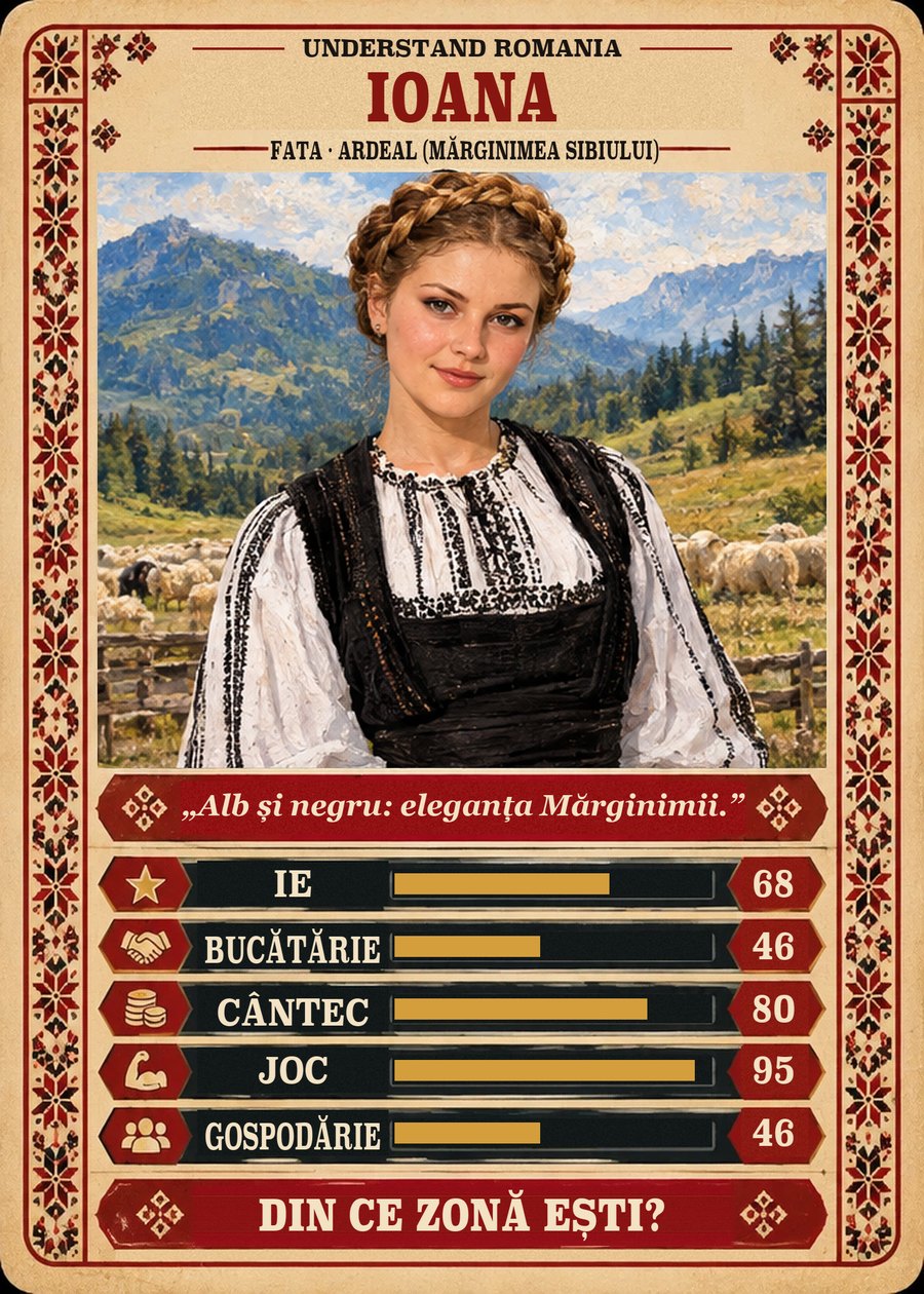 IOANA — Fata · Ardeal (Mărginimea Sibiului). Alb și negru: eleganța Mărginimii. (Ie 68, Bucătărie 46, Cântec 80, Joc 95, Gospodărie 46)