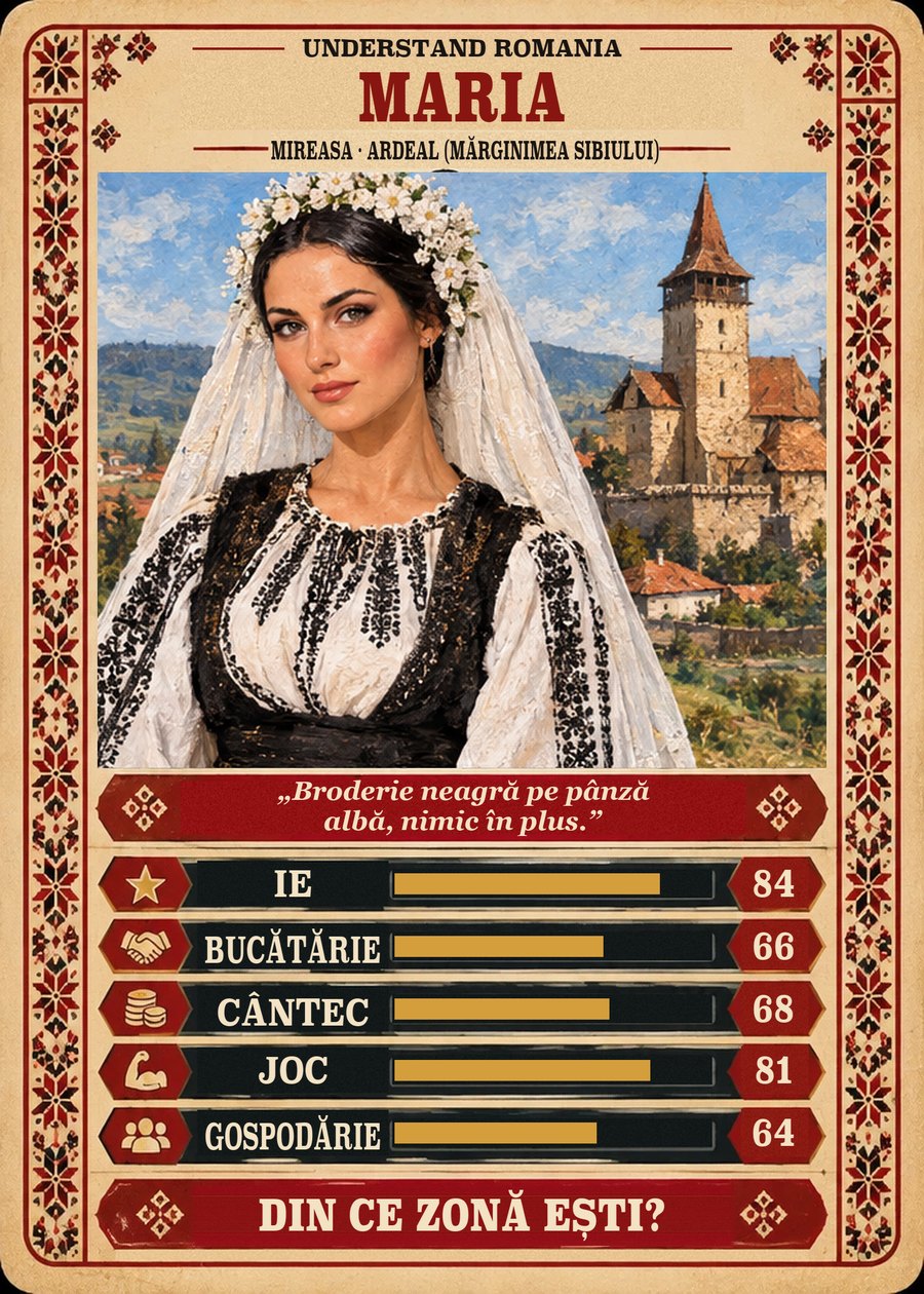 MARIA — Mireasa · Ardeal (Mărginimea Sibiului). Broderie neagră pe pânză albă, nimic în plus. (Ie 84, Bucătărie 66, Cântec 68, Joc 81, Gospodărie 64)
