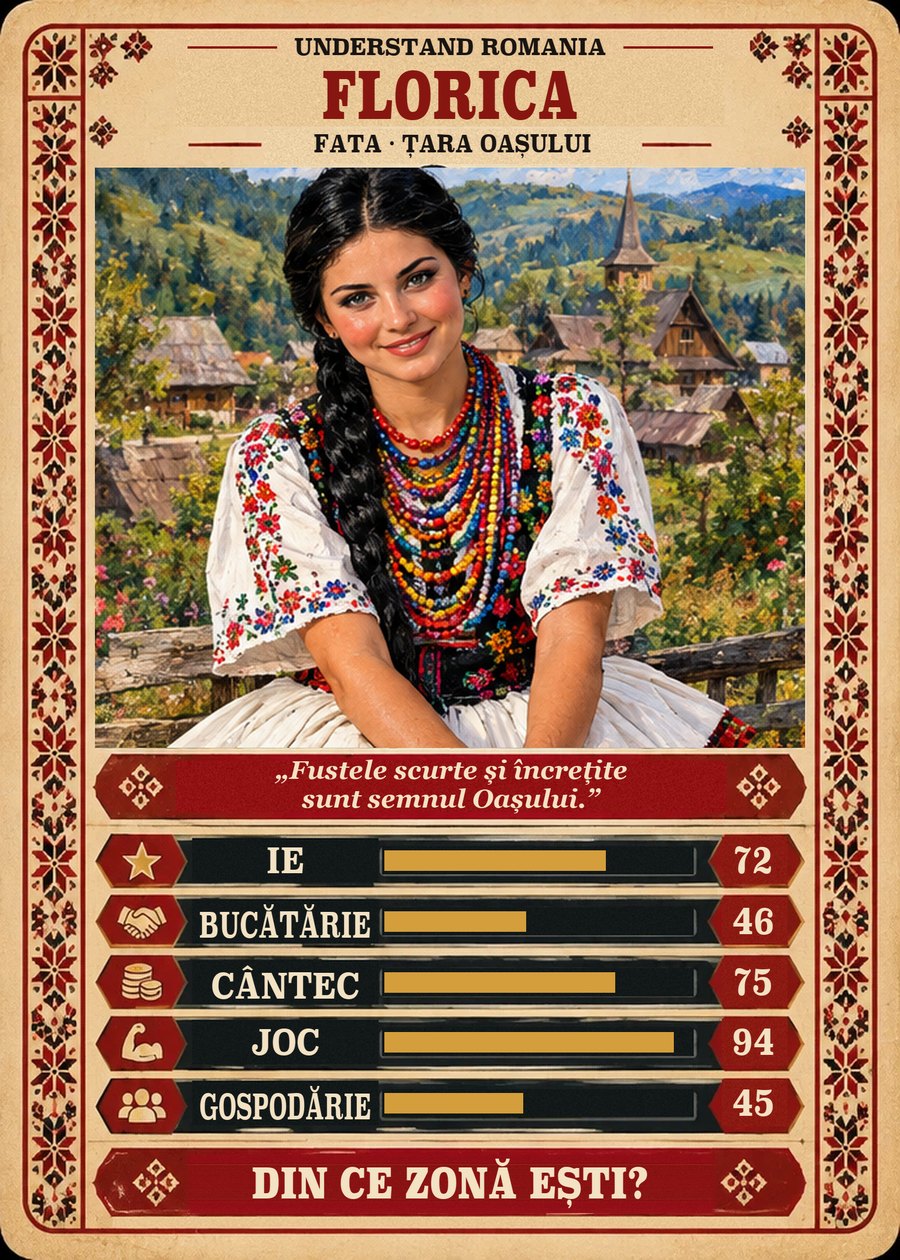 FLORICA — Fata · Țara Oașului. Fustele scurte și încrețite sunt semnul Oașului. (Ie 72, Bucătărie 46, Cântec 75, Joc 94, Gospodărie 45)
