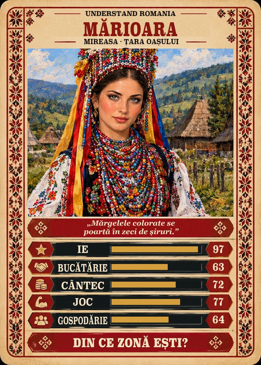 MĂRIOARA — Mireasa · Țara Oașului. Mărgelele colorate se poartă în zeci de șiruri. (Ie 97, Bucătărie 63, Cântec 72, Joc 77, Gospodărie 64)
