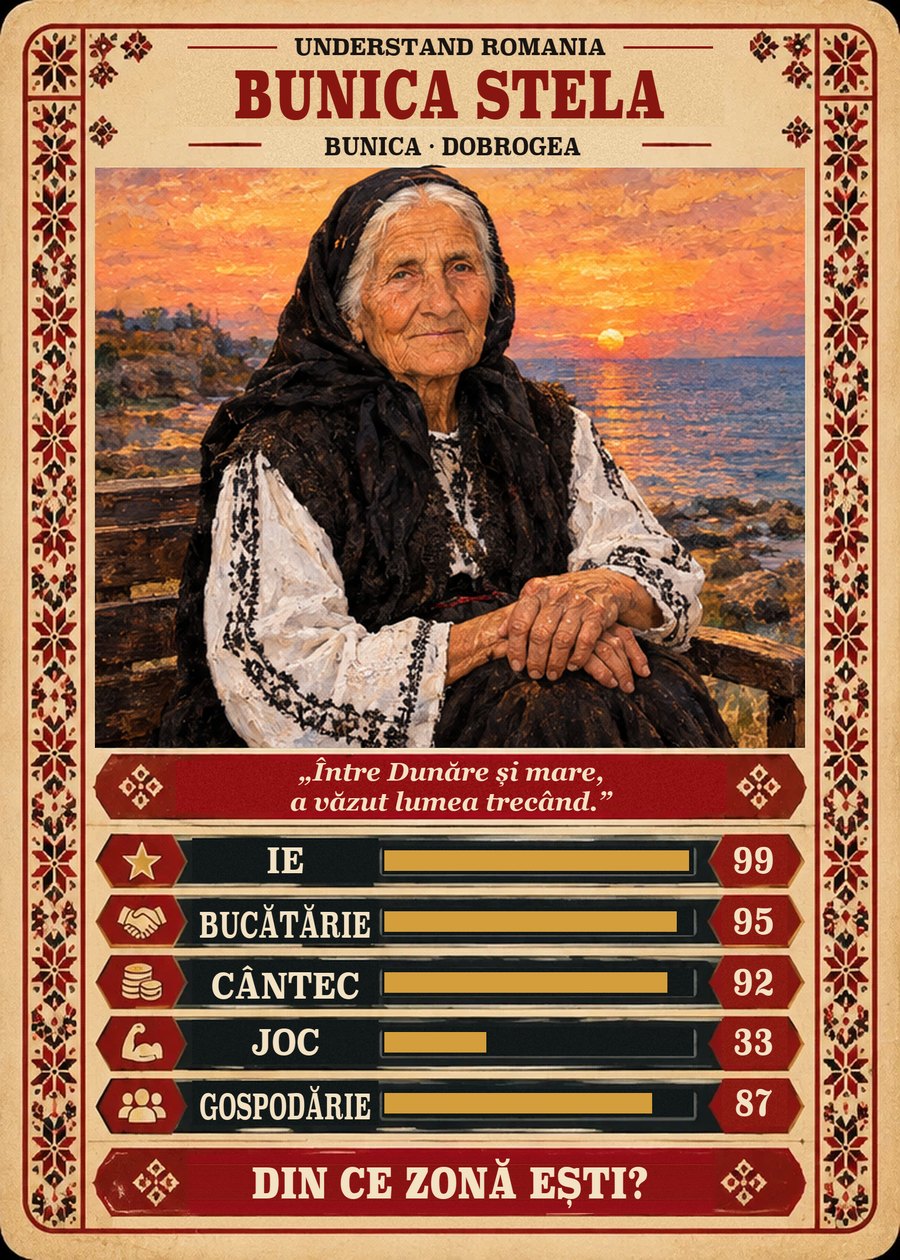 BUNICA STELA — Bunica · Dobrogea. Între Dunăre și mare, a văzut lumea trecând. (Ie 99, Bucătărie 95, Cântec 92, Joc 33, Gospodărie 87)